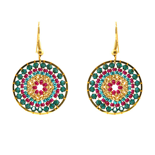 Oorbellen Mia ( donker groen, fuchsia, goud)